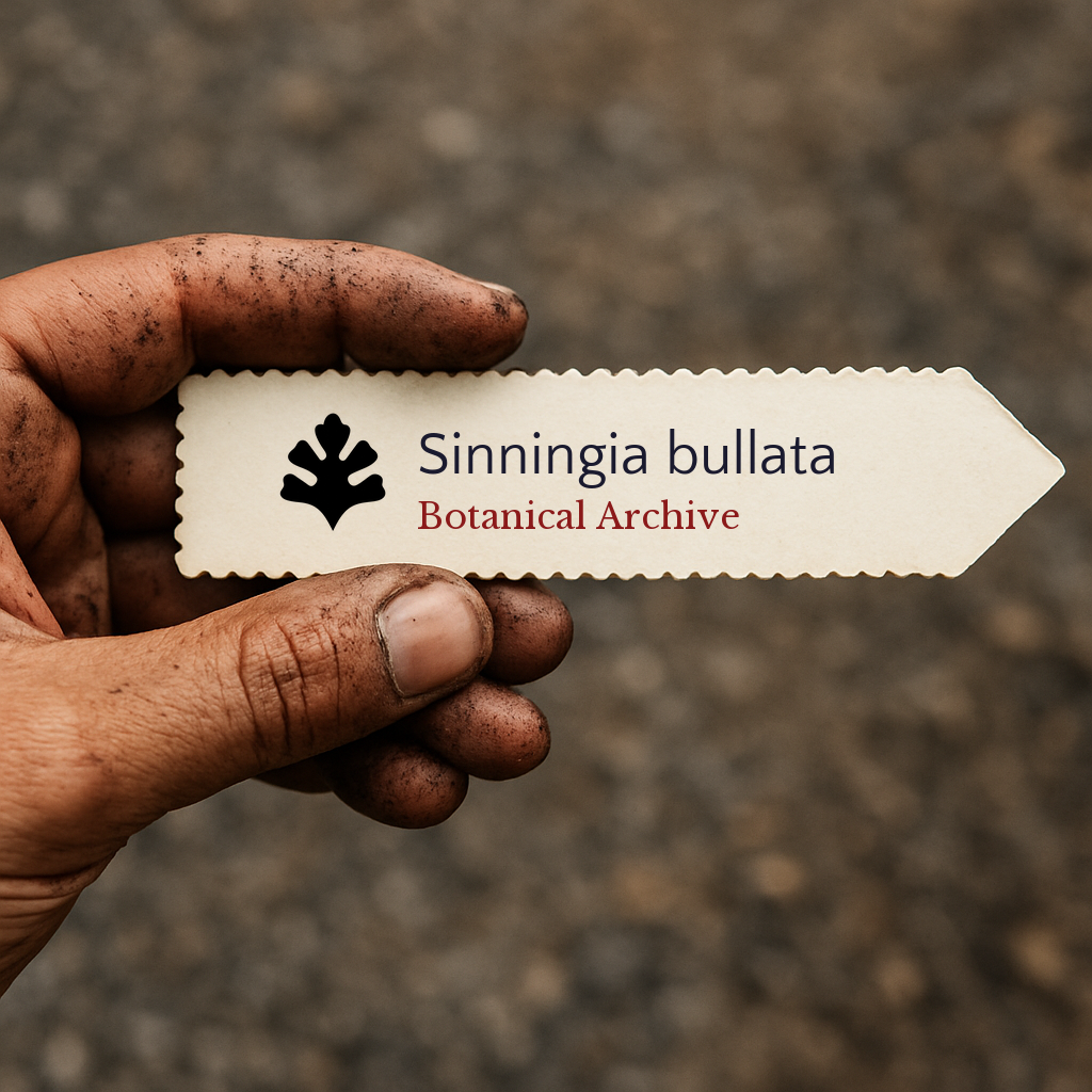 Printed plant label for Sinningia bullata held by dirty hand outdoors