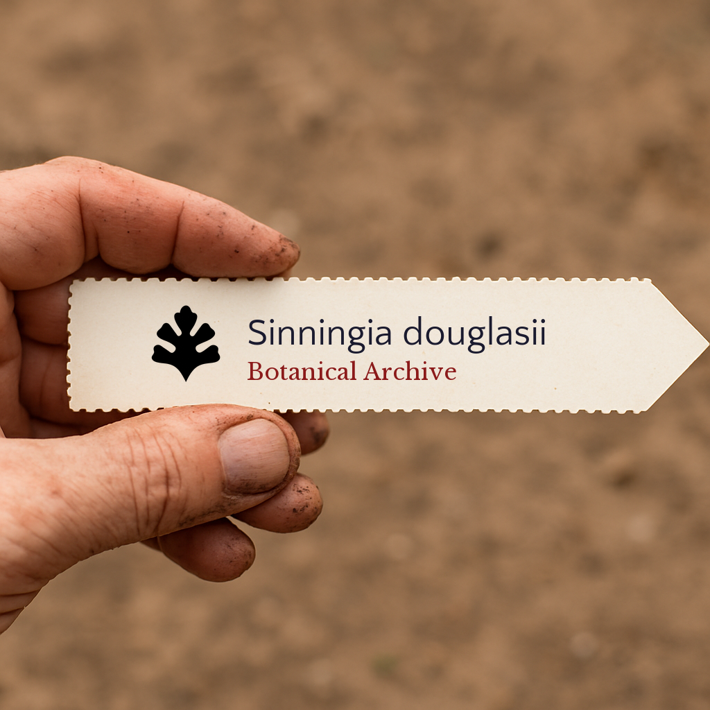 Printed plant label for Sinningia douglasii held by dirty hand over soil background