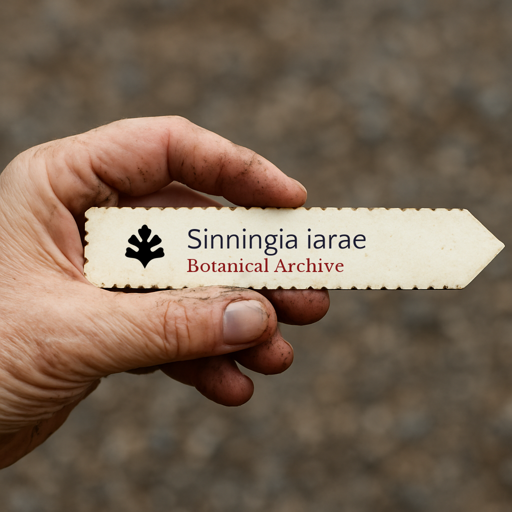 Printed plant label for Sinningia iarae held by dirty hand outdoors