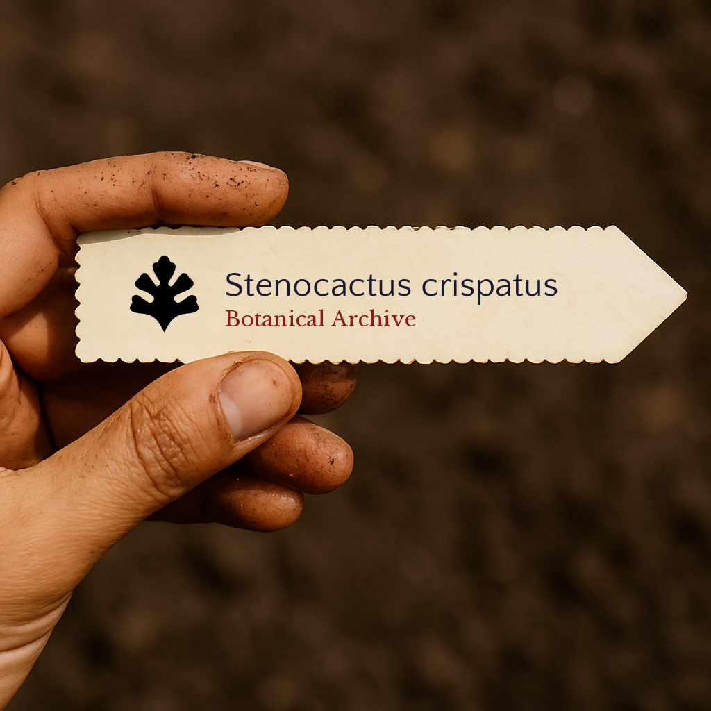 Etichetta per pianta stampata per Stenocactus crispatus tenuta a mano con sfondo di terreno
