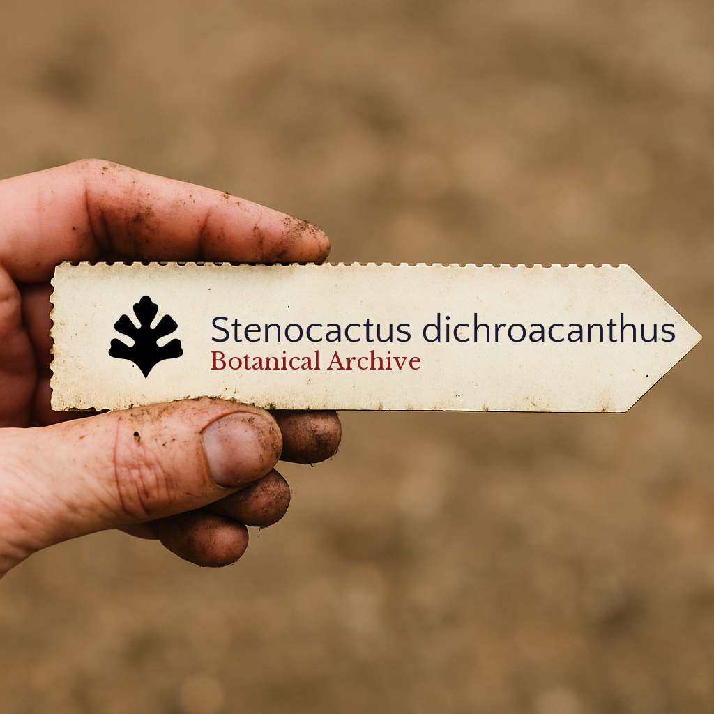 Printed plant label for Stenocactus dichroacanthus held by dirty hand outdoors