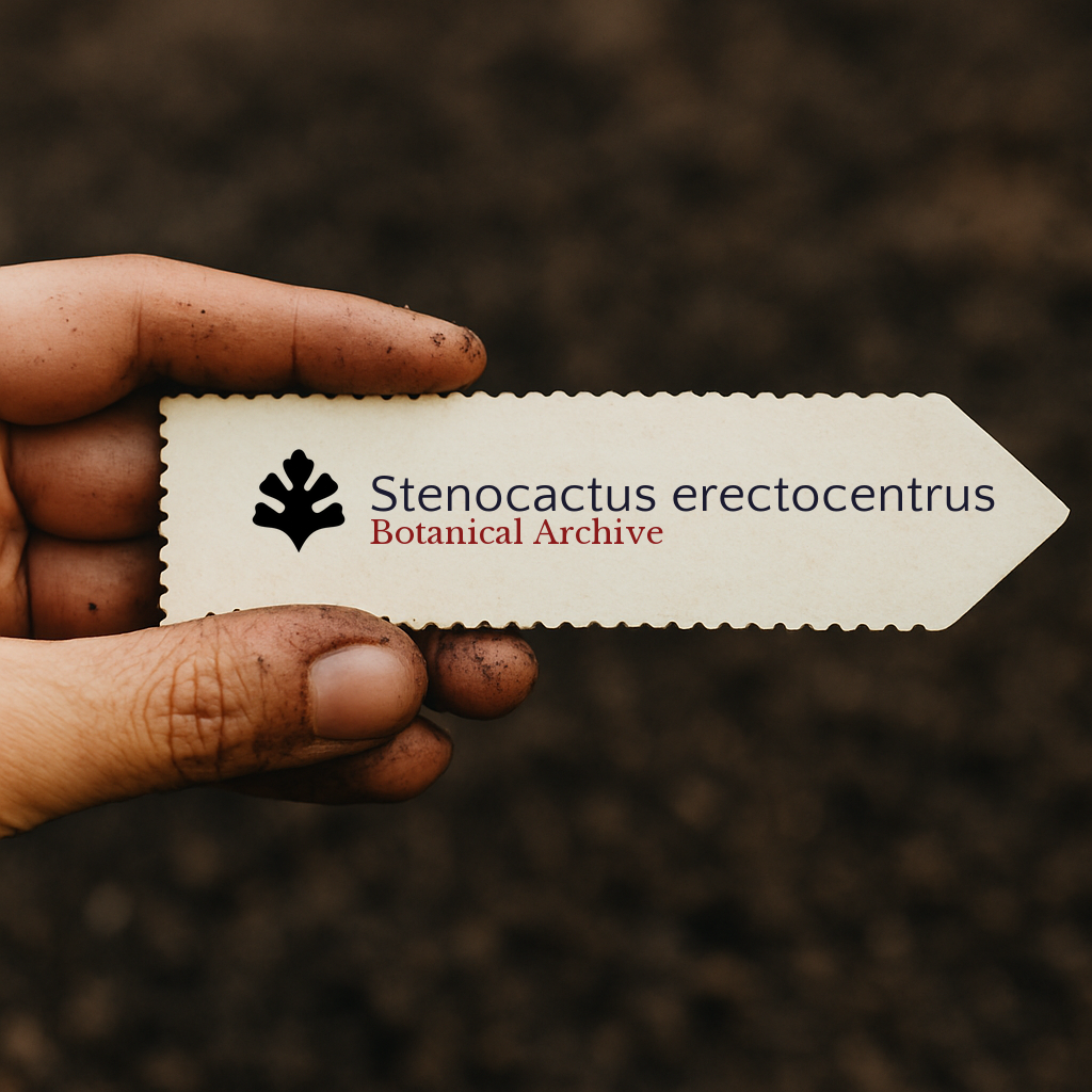Etichetta stampata per pianta Stenocactus erectocentrus tenuta da una mano sporca su sfondo di terreno