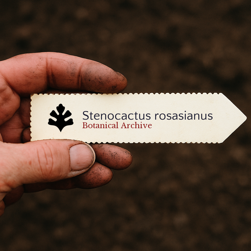 Etichetta per piante stampata per Stenocactus rosasianus tenuta da mano sporca su sfondo di terreno