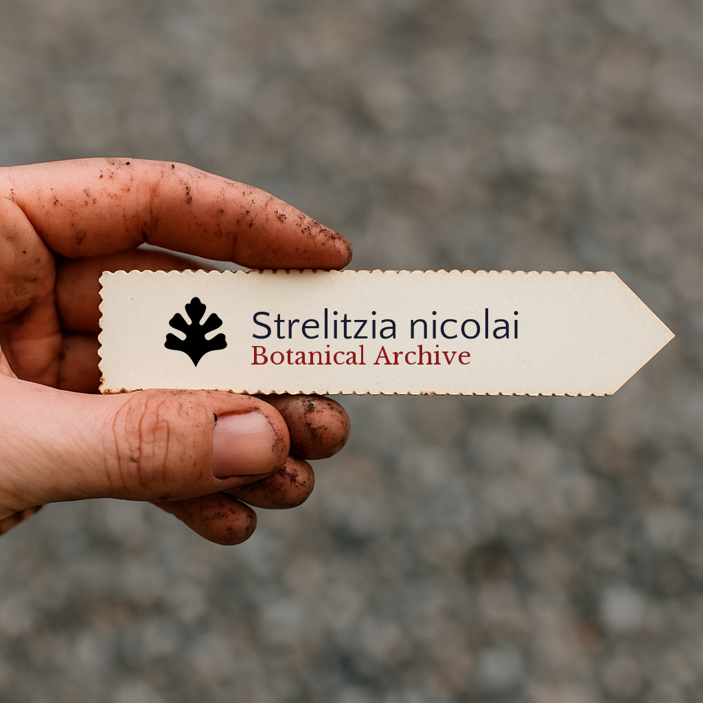 Printed plant label for Strelitzia nicolai held by dirty hand outdoors