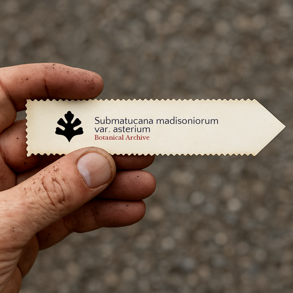 Printed plant label for Submatucana madisoniorum var. asterium held in hand with dirt background