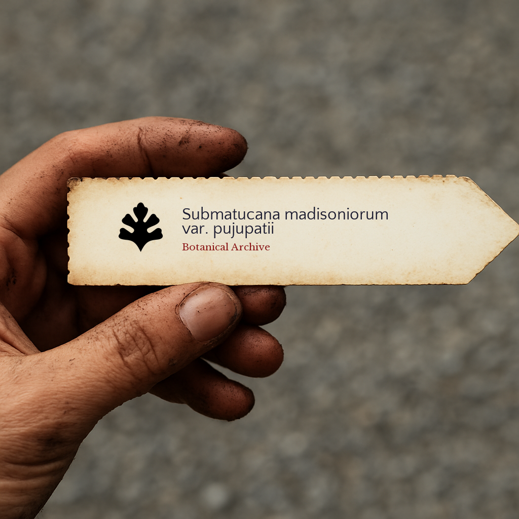 Printed plant label for Submatucana madisoniorum var. pujupatii held in hand with dirt background