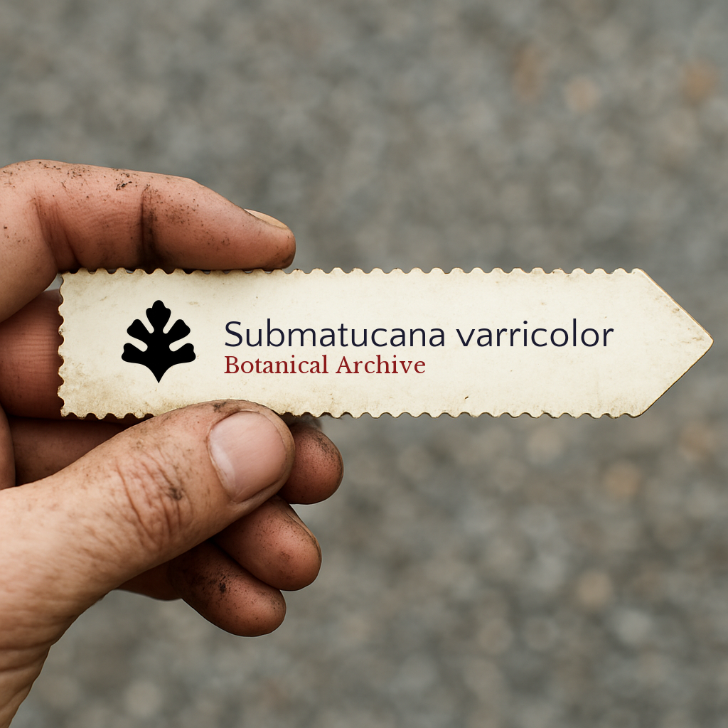 Printed plant label for Submatucana varricolor held by dirty hand outdoors