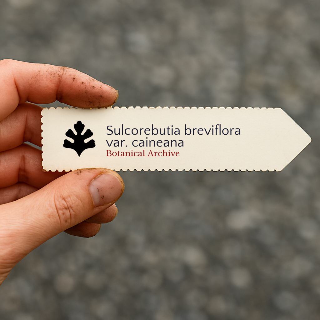 Printed plant label for Sulcorebutia breviflora var. caineana held by hand with dirt background