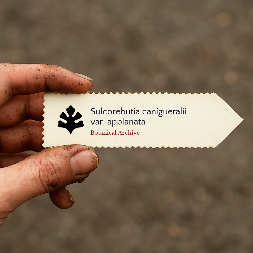 Printed plant label for Sulcorebutia canigueralii var. applanata held by dirty hand