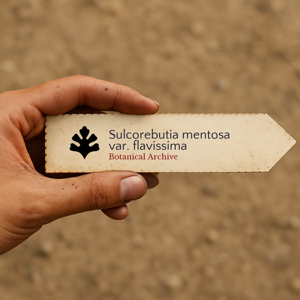 Printed plant label for Sulcorebutia mentosa var. flavissima held in hand outdoors