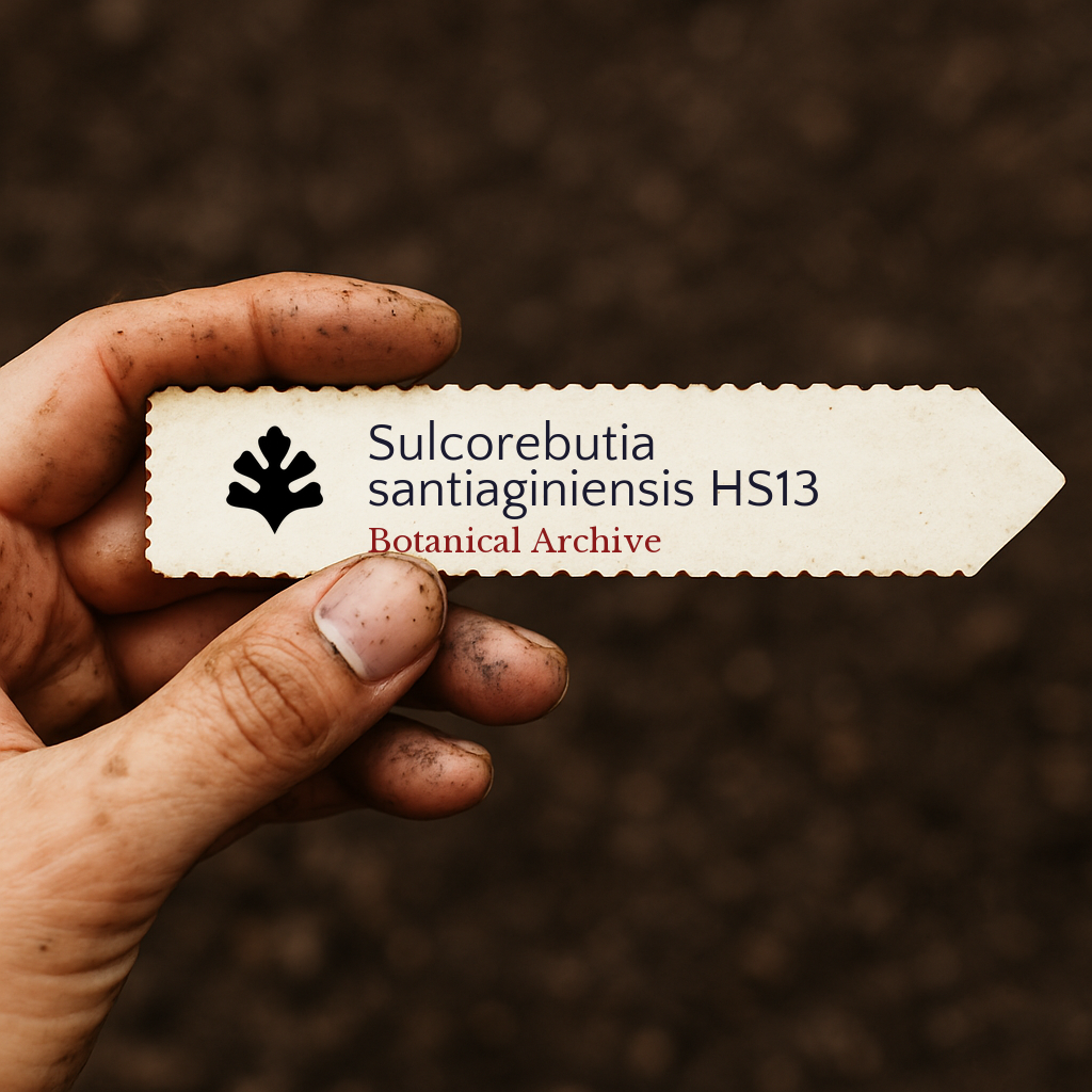 Printed plant label for Sulcorebutia santiaginiensis HS13 held by dirty hand