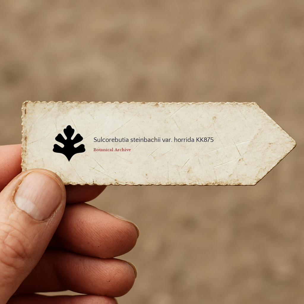 Printed plant label for Sulcorebutia steinbachii var. horrida KK875 held in hand
