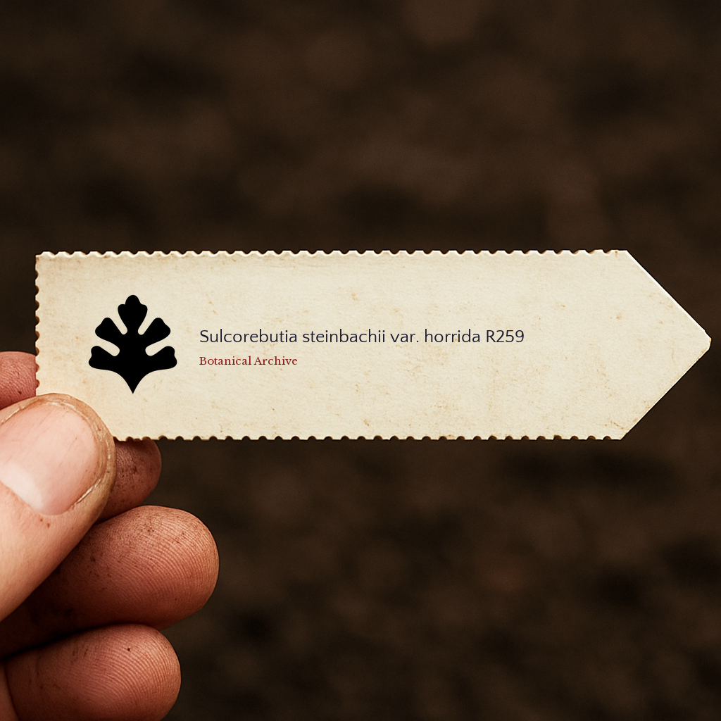Printed plant label for Sulcorebutia steinbachii var. horrida held against soil background