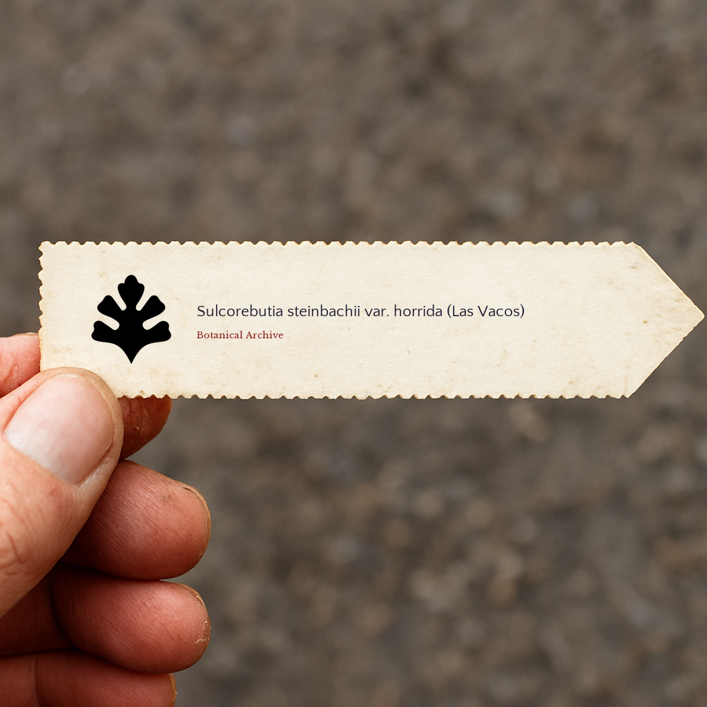 Printed plant label for Sulcorebutia steinbachii var. horrida held outdoors