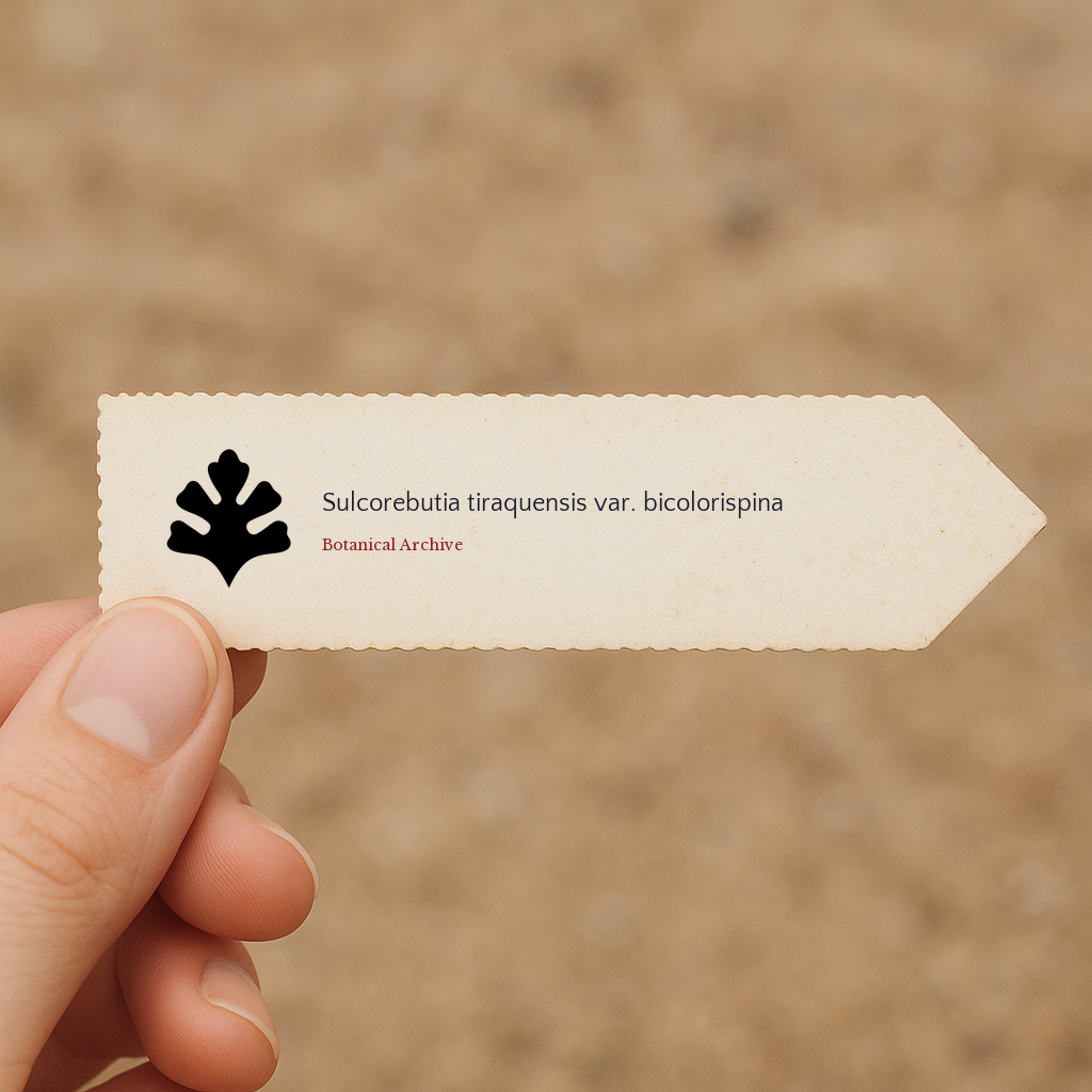 Printed plant label for Sulcorebutia tiraquensis var. bicolorispina held by hand with blurred background