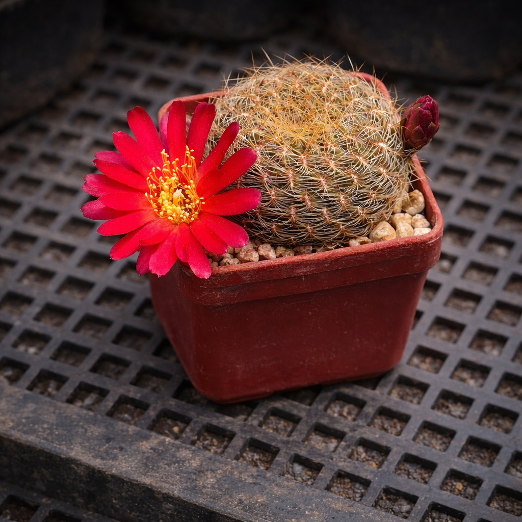 Sulcorebutia oenantha piccolo cactus con fiore rosso brillante in vaso quadrato rosso