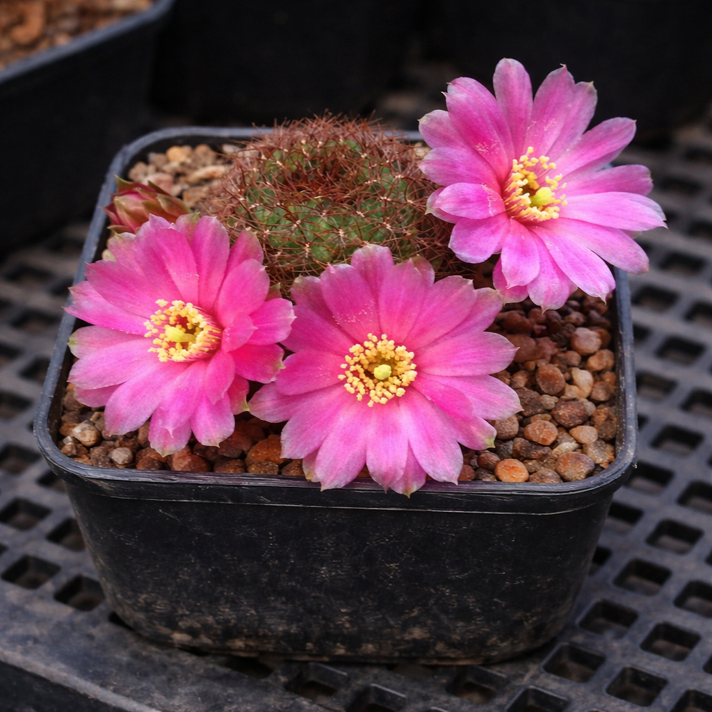 Cactus Sulcorebutia totorensis con fiori rosa vivace in piccolo vaso nero