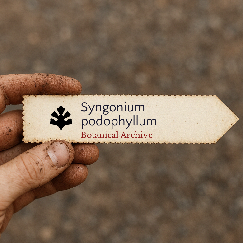 Printed plant label for Syngonium podophyllum with botanical archive logo held by hand