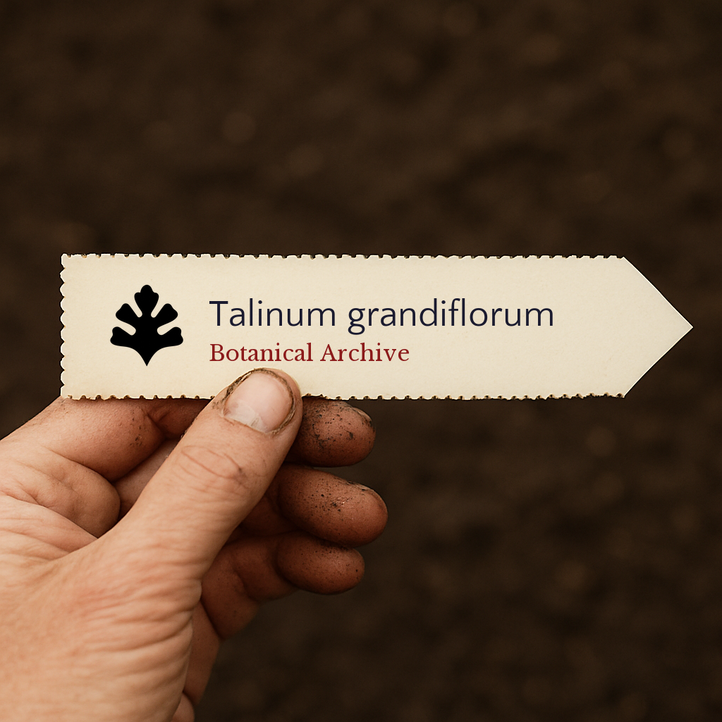 Printed plant label for Talinum grandiflorum held by hand with soil background