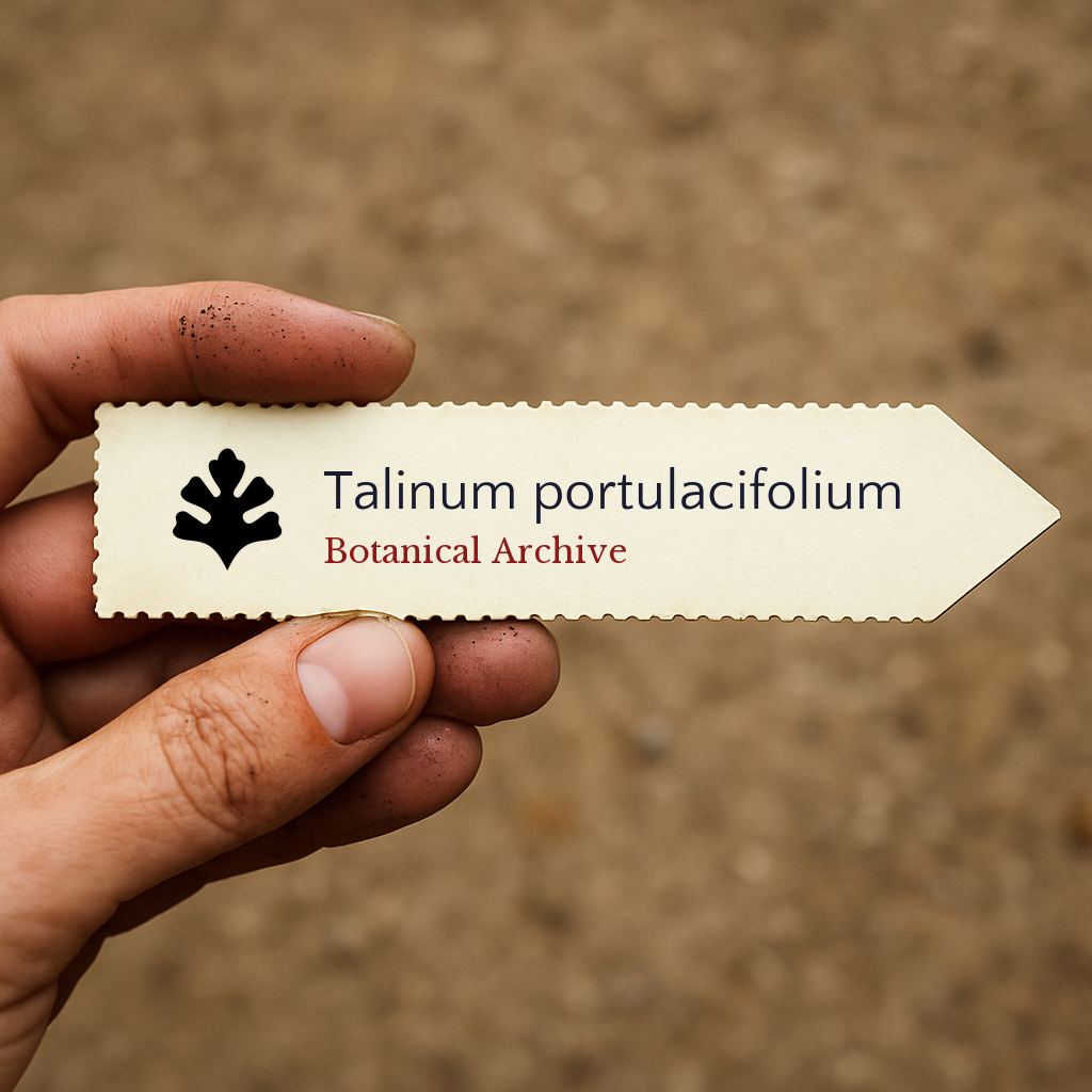 Etichetta per pianta stampata per Talinum portulacifolium tenuta a mano con sfondo di terreno