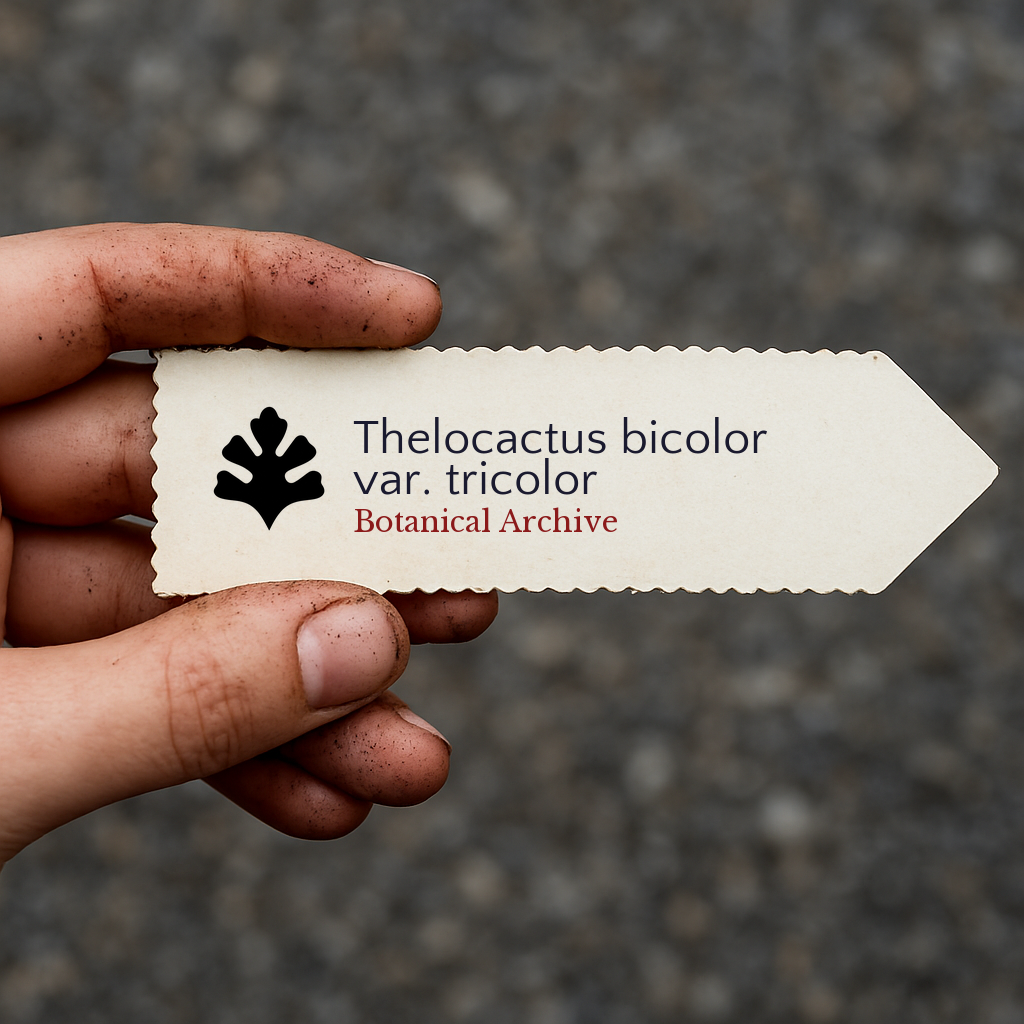 Printed plant label for Thelocactus bicolor var. tricolor held by dirty hand outdoors