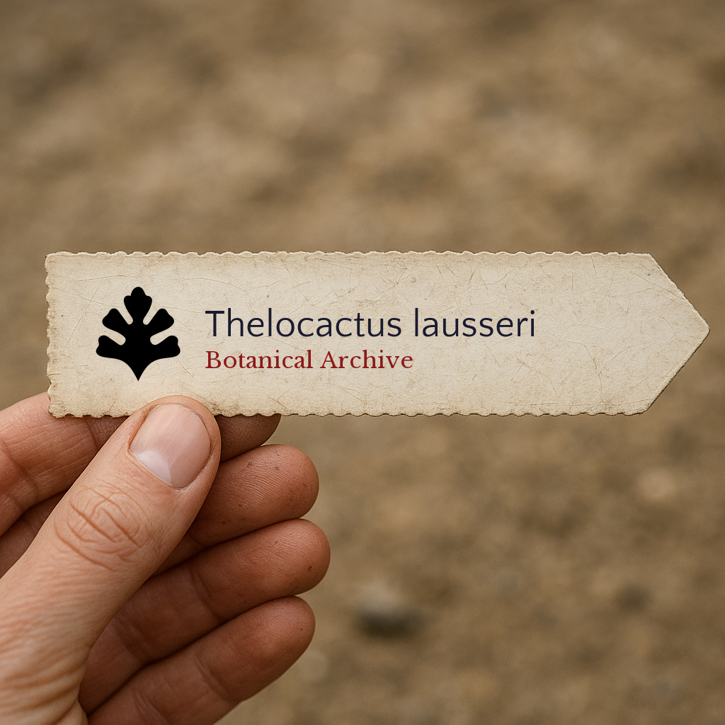 Printed plant label for Thelocactus lausseri with botanical archive logo held by hand