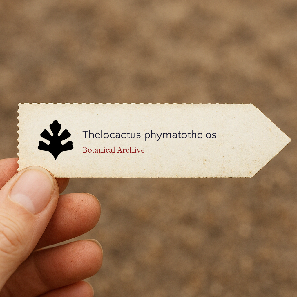 Printed plant label for Thelocactus phymatothelos with botanical archive logo held by hand