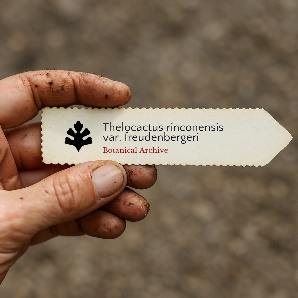 Printed plant label for Thelocactus rinconensis var. freudenbergeri held by dirty hand outdoors