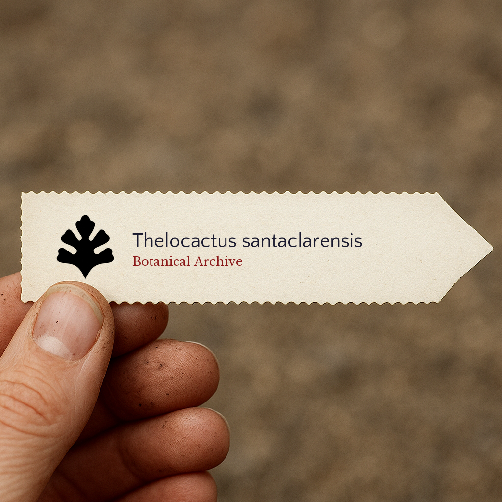 Printed plant label for Thelocactus santaclarensis held by hand with dirt background
