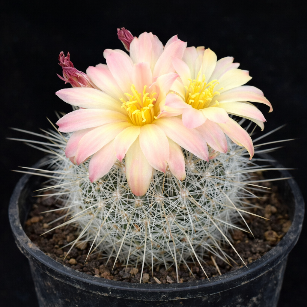 Thelocactus argenteus var. aureiflorus cactus with pale yellow-pink flowers in black pot