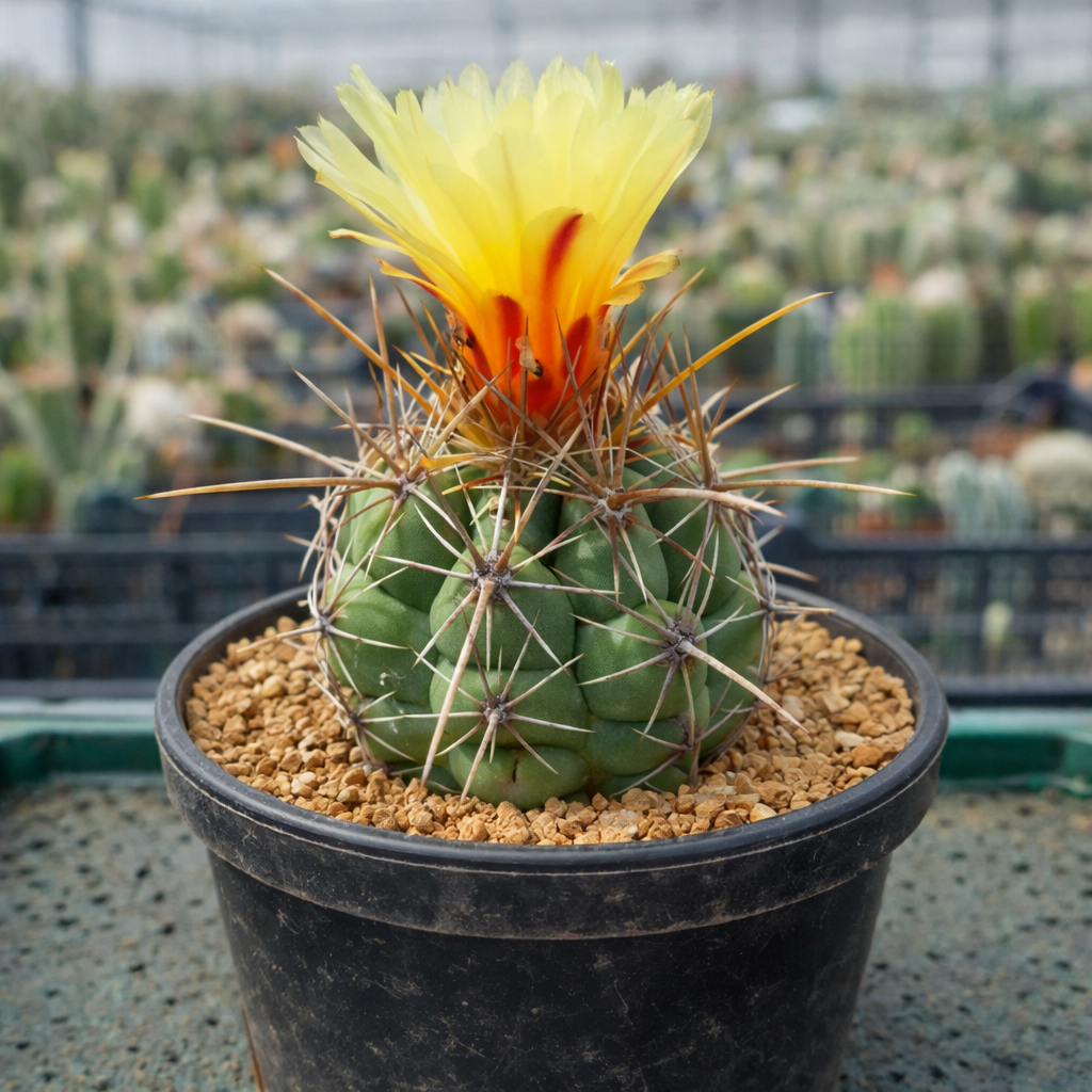 Thelocactus leucacanthus cactus with yellow and orange flower and long spines in black pot