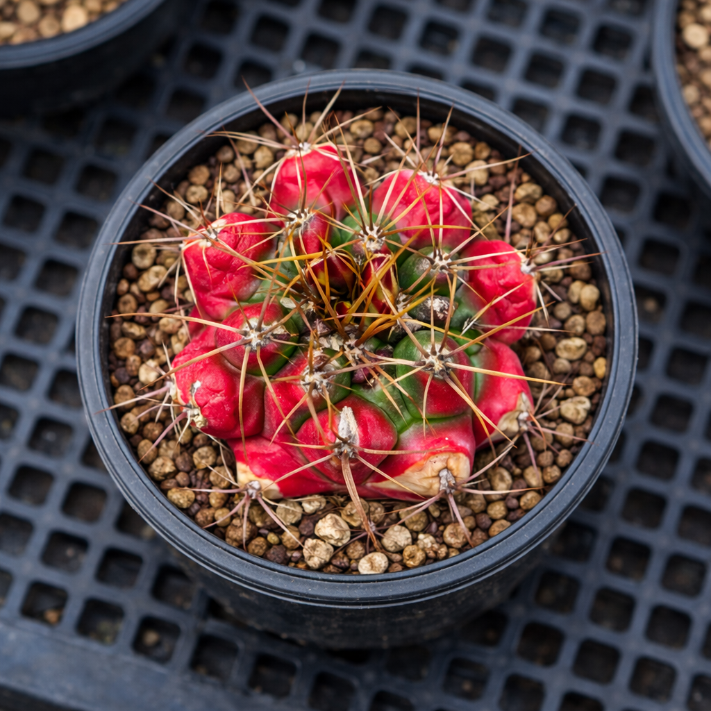 Thelocactus panarottoanus rare red and green cactus with long spines in black pot