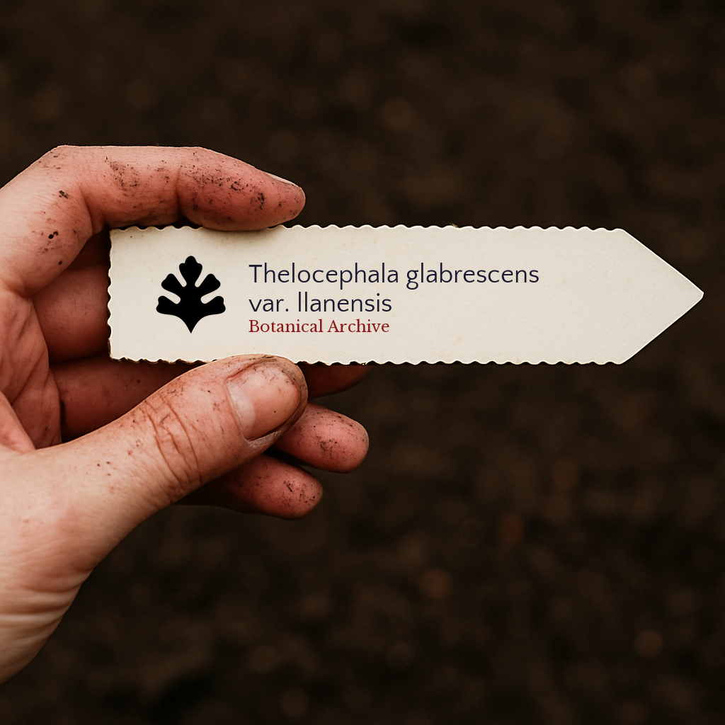 Printed plant label for Thelocephala glabrescens var. llanensis held over soil background