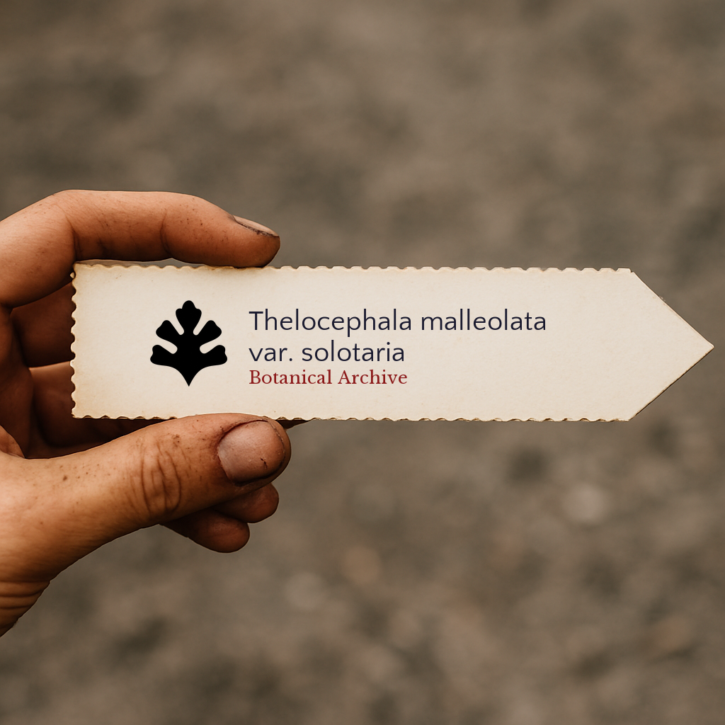 Printed plant label for Thelocephala malleolata var. solotaria held by hand outdoors