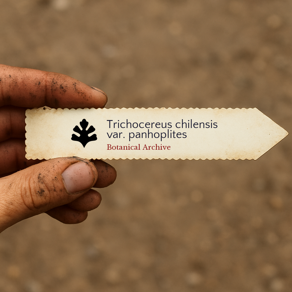 Printed plant label for Trichocereus chilensis var. panhoplites held by dirty hand outdoors