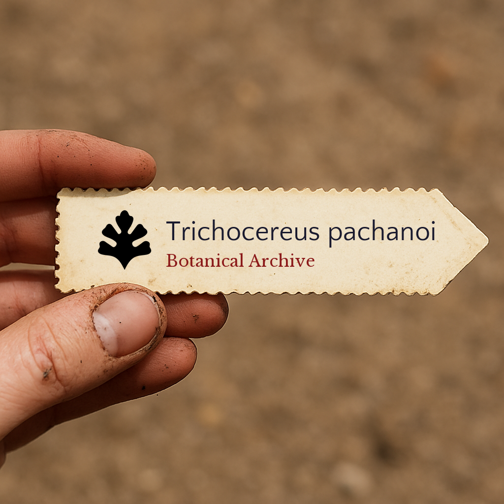 Etichetta per pianta stampata per Trichocereus pachanoi con logo Botanical Archive tenuta in mano