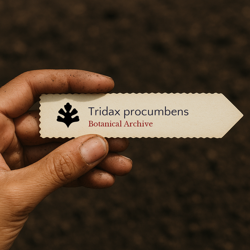 Printed plant label for Tridax procumbens held by dirty hand over soil background
