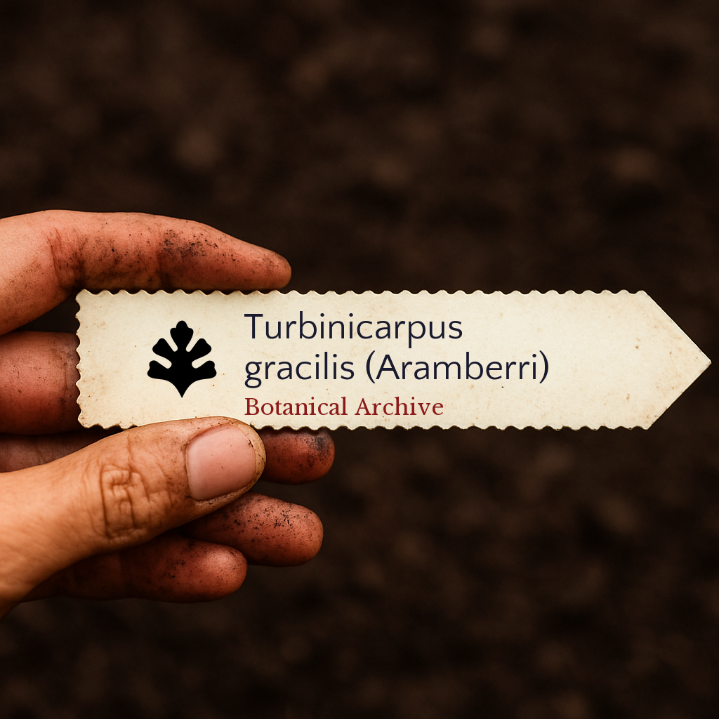 Printed plant label for Turbinicarpus gracilis (Aramberri) held over soil background