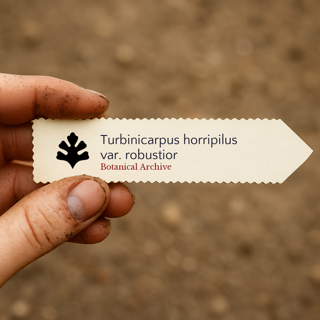 Printed plant label for Turbinicarpus horripilus var. robustior held by dirty hand outdoors