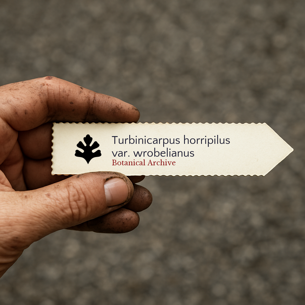 Printed plant label for Turbinicarpus horripilus var. wrobelianus held by dirty hand