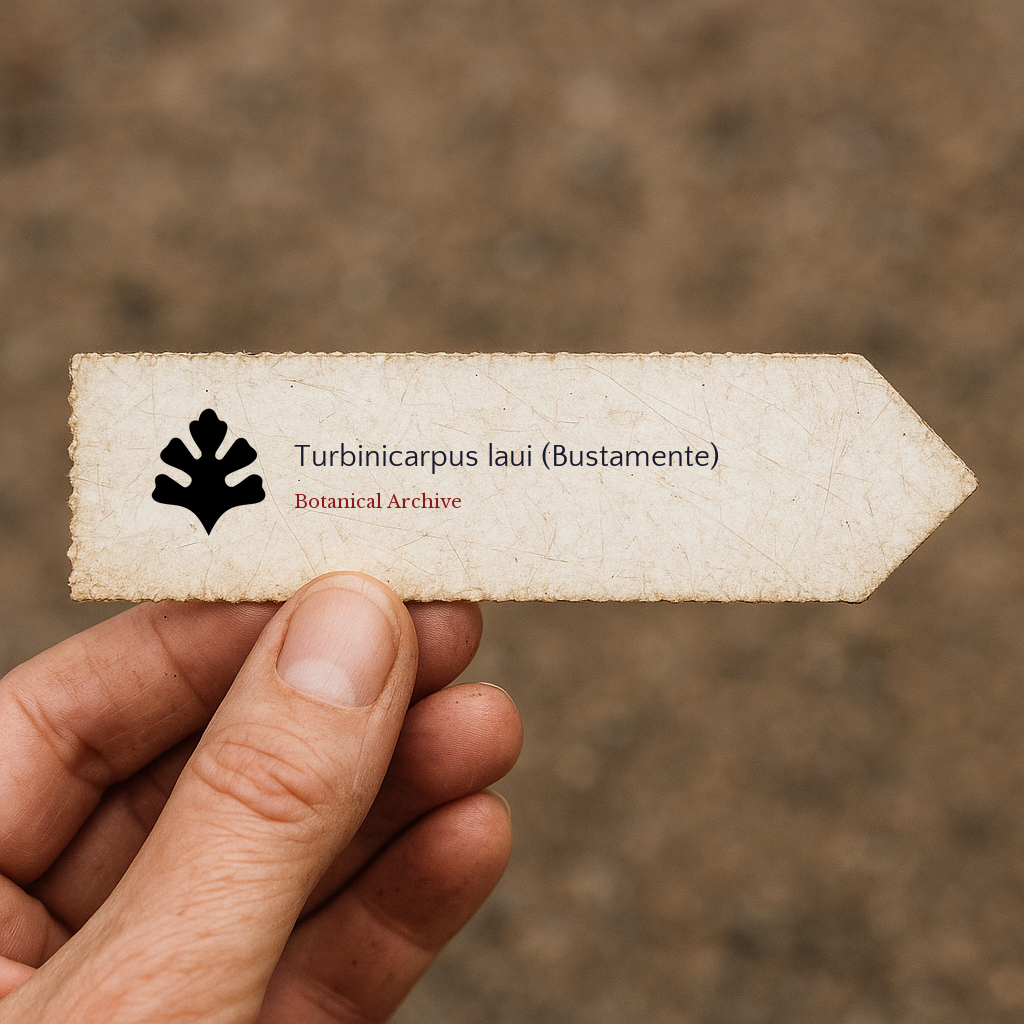 Printed plant label for Turbinicarpus laui (Bustamente) held by hand on blurred background