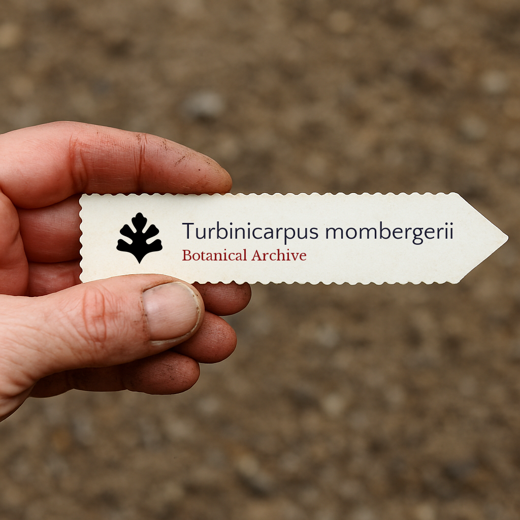 Etichetta botanica stampata per Turbinicarpus mombergerii tenuta all'aperto con sfondo di terra
