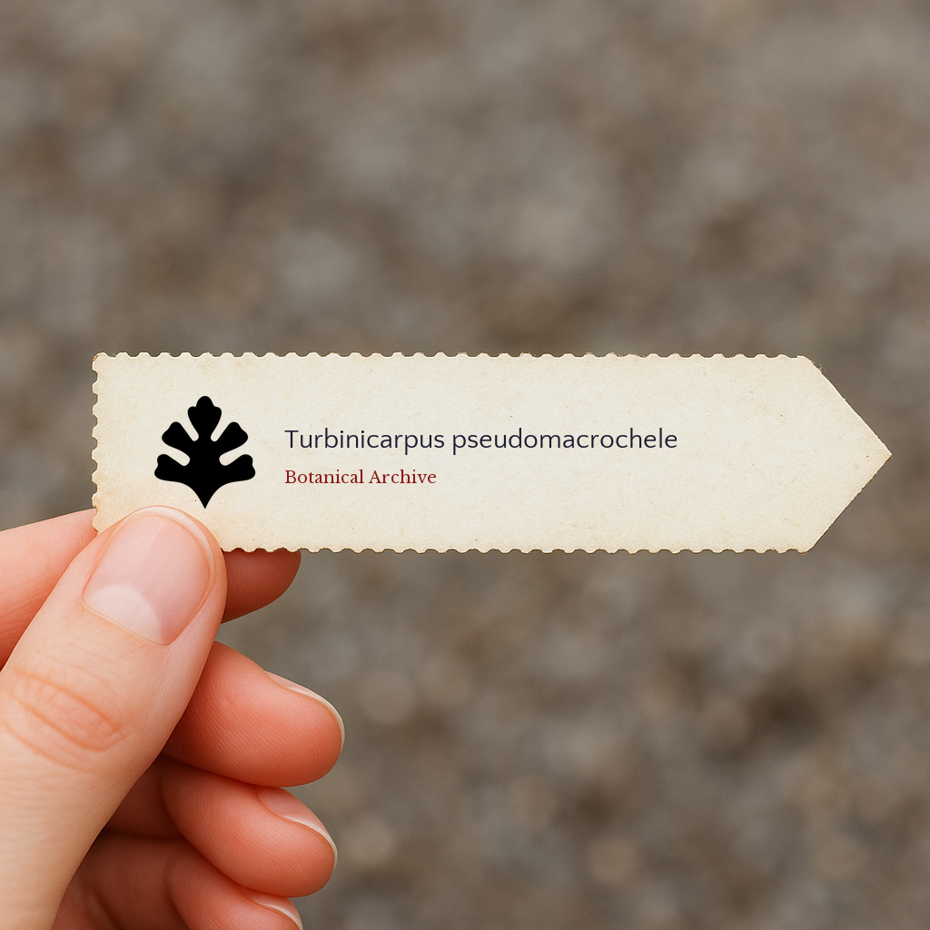 Printed plant label for Turbinicarpus pseudomacrochele with botanical archive logo