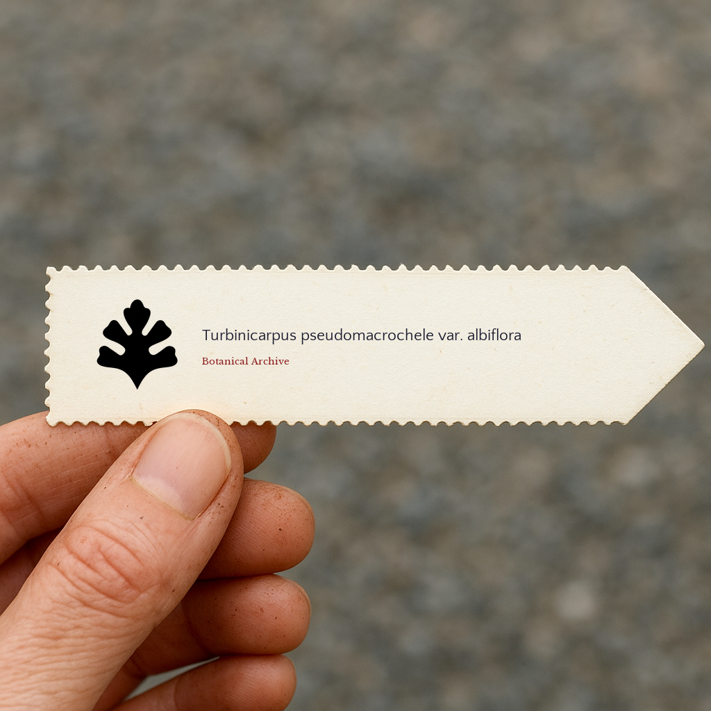 Printed plant label for Turbinicarpus pseudomacrochele var. albiflora held by hand