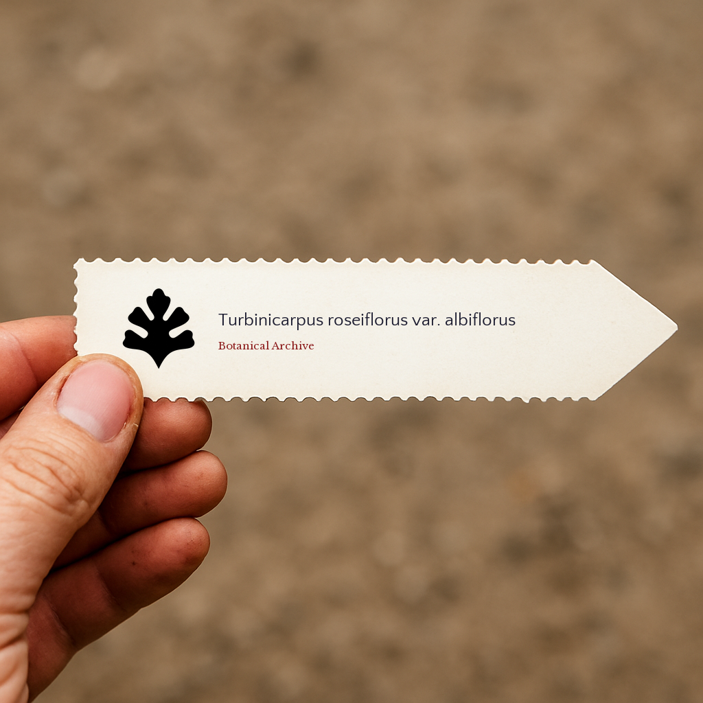 Printed plant label for Turbinicarpus roseiflorus var. albiflorus held by hand with blurred background