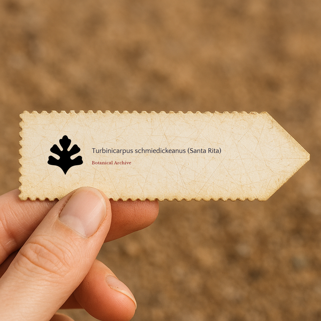 Printed plant tag for Turbinicarpus schmiedickeanus (Santa Rita) with decorative logo held by hand