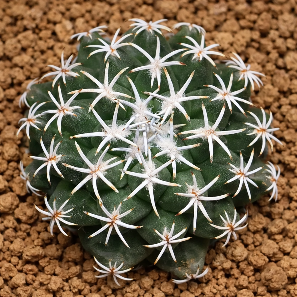 Turbinicarpus nicolae raro cactus succulento con spine bianche a forma di stella su terra marrone
