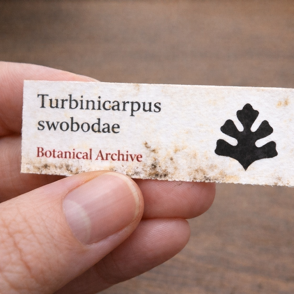 Printed plant label for Turbinicarpus swobodae with botanical archive logo held by hand