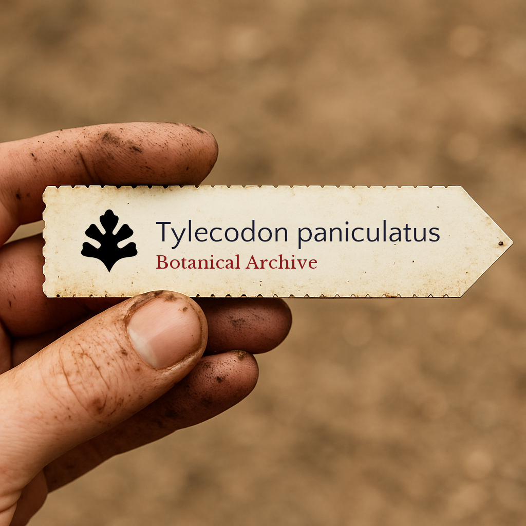 Etichetta per pianta stampata per Tylecodon paniculatus tenuta a mano con sfondo di terreno