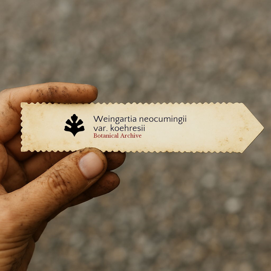 Printed plant label for Weingartia neocumingii var. koehresii held by hand with dirt background